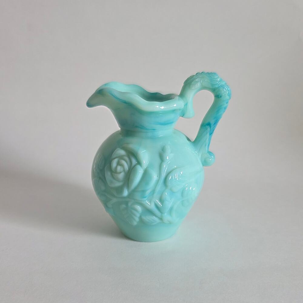 Vintage Avon Blue Slag Glass Floral Pitcher Vase 4.5"
